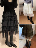 Heavy Industry Wood Ear Net Yarn Tight Waist Cake Mid-Summer New Korean Temperament Fluffy Skirt Layer Yarn Skirt