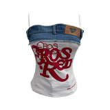 Real-A-Case Letter-Print Spliced Denim Sling Vest Repair Outside The Hot Babes Bumpy Short Sleeveless Top 2309