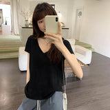 Korean Loose And Beautiful Pure Desire V-Neck Snowflake Short-Sleeved T-Shirt For Girls Summer New Lazy And Relaxed Hottie Top