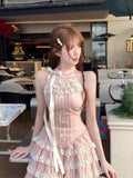 Summer Sweet Hottie Pure Wind Pink Splicing Lace Sleeveless Neck Tops Show Thin Pony Cake Skirt Two Sets