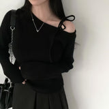 Sexy One-Word Collar Shoulder With Sweater Female Korean Version Of Autumn And Winter New Slim Short Knitted Shirt Top