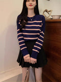 Autumn And Winter Lazy Wind Stripe Round Collar Blouse Korean Chic Chic Age Reduction Long-Sleeved Loose Knitted Shirt Woman