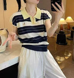 Collider Striped Polo Shirt Over Small Flying Sleeve Knitted T-Shirt Women's Summer Design Sense Age-Supling Embroidery Loose Top