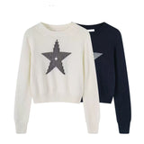 Early Autumn New Light Luxury Sleeve Short Sweater Women's Autumn And Winter New Star Embroidered Long-Sleeved Knitwear Top