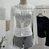 Punk Vintage Hottie Long-Sleeved T-Shirt Girl Autumn Lace Rivet Design Sense Thin Top 1358