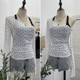 Two Sets With Chest Pad Sling Vest + Velvet Wave Dot Long-Sleeved Mesh T-Shirt Blouse Female 28273