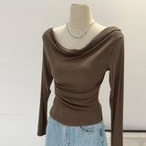 2026 Early Spring Korean Chic Sweet Spicy Shoulder Slanted Shoulder Collar Long-Sleeved T-Shirt Women's Early Autumn Slim Slim Top