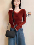 Lace Fashion New Splicing V-Neck 2025 Coat Bow Tie With Waist-Up Small Jersey Knitwear
