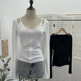 Real Shooting Spice Girls Fake Two Lace Slings Splicing Side Single Buckle Casing Long Sleeve Bottom Shirt 2828