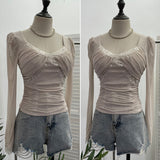 Pure-Want Wind Belt Chest Mat Lace Splicing Mesh Yarn Long-Sleeved T-Shirt Short Slim Top 2673