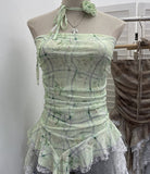 Real Shot With Hanging Neck Flower Braid Vest Dye Mesh Irregular Lace Ribbon Sleeveless Top 1596