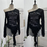 Spice Girl Letter Print Collar Long-Sleeved T-Shirt Girl Irregular Ribbon Ribbon On The Shoulder 2779