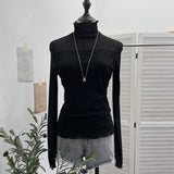 Real Shooting With Thin Velvet Lining Of The Bottom Shirt Wave Dot Mesh Long Sleeve With Top Collar Slim T-Shirt Woman 2801