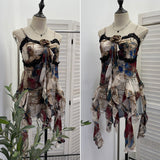 Real Shoot Hottie Design Lace Splicing Dizzy Oil Painting Irregular Ribbon Sleeve Sleeveless Top 1208