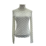 Real Shooting With Thin Velvet Lining Of The Bottom Shirt Wave Dot Mesh Long Sleeve With Top Collar Slim T-Shirt Woman 2801
