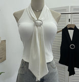 Real Shot With Chest Pad Hanging Neck With Metal Buckle Sling Vest Women Short Knitted Sleeveless Top 9293