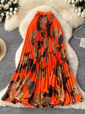 Vintage Print 100-Fold A-Word Niche Dress Women High Waist Thin Design Sense Commuting High-End Long Dress