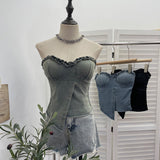 Vintage Denim With Chest Pads In The Ear Of Irregular Body Repair Brat Vest Short Sleeveless Top 2861