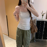 Vintage Gray Lace Spliced Sleeveless Sling Vest Woman 2025 Summer New Sexy Hottie Top