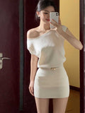 Super Nice Beautiful White Knitted Shoulder Short Sleeve Dress Gentle Korean Temperament Pocket Ass Short Skirt