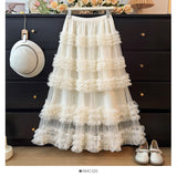 New Heavy Industry Lace Cake Skirt Long Dress Sweet Wind High Waist Wood Ear Mesh Skirt 8103