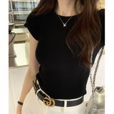 2026 Early Spring Real-Up Round Collar Solid Color Repair Elastic Knitted Short-Sleeved T-Shirt New Thin Top