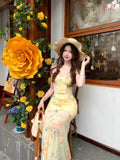French Yellow Floral Sling Dress Woman Summer Seaside Vacation Beauty Pure Fishtail Ass And Hip Dress