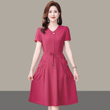 Middle-Middle-Age Women 2026 Summer New Gas Dress Short-Sleeved Temperament Pure Mother Dress Tie With Thin Waist