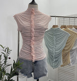 Drilling Sleeveless Vest Wearing Half-High Neck Net Yarn Slime Folded T-Shirt Blouse Female 2589