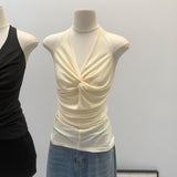 Real Shot Lyselle Tian Silk Wool Hanging Back Twisted Folded V-Neck Sleeveless Sleeve Sling Vest Female Summer Design Blouse