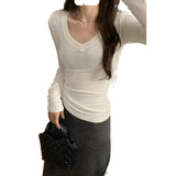 2026 Early Spring Sweet And Spicy Into The Autumn Thread Hot Mother V Collar Slimming Inside T-Shirt Woman's New Design Feel Top
