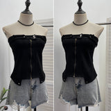 Real-Patring Zipper Open-Shirt With Bra Hottie Wrapped Breast Sexy Outer Wear Vest Short Irregular Sleeveless Top 2770