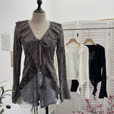 Dark Wind To Make Old Hole Horn Long Sleeve Open Shirt Tie With Lotus Leaf Side V Collar Sunscreen Shirt 9280