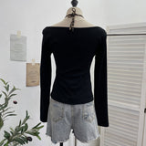 Real Shooting With Hanging Neck Leopard Print Splicing Two Long-Sleeved Tops A Short Shoulder Bottom T-Shirt 28787