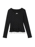 Design Sense Of Black Wave Point Inside The Bottom Of The Women's Spring Lace Hem Super Good-Looking Long-Sleeved T-Shirt Top