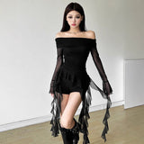 2025 Sweet Spicy Sister Wind Lotus Leaf Side Splicing A Word Shoulder Long-Sleeved T-Shirt Girl Slimmed Hottie Autumn Dress