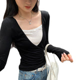 Lyselle Tiansi Black Fake Two-Piece Bottomed Woman Can Wear A Niche Long-Sleeved T-Shirt Top