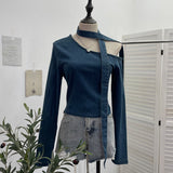 Autumn Spice Girls Slant Shoulder Cowboy Shirt Design Sense Of The Neck With Long Sleeves And Short-Term Repair Bodysuit 2668