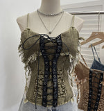 Real Shooting Do The Old Fur Side Of The Denim Splicing Pu Skin Lace Sling Vest Short Without Sleeve Top 618