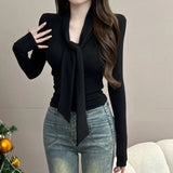 2026 Korean Version Of Simple To Wear Pure Temperament Tight Short V Tie With Long-Sleeved T-Shirt Slimming Top