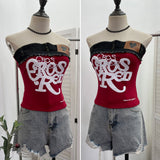 Slap Strap Thai Babes Letter Print Tat T-Shirt On The T-Shirt With Blouse On The T-Shirt With Denim Splicing Short-Term Vest 23098