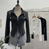 Real Shooting Irregular Zipper Collar Short Small Coat With Long Sleeves And Bottom Shirt 2680