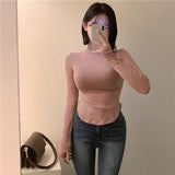 High-Neck Tight-Dress Bottom-Up Women Irregular Sexy Long-Sleeved T-Shirt Piled Up Piled Up Simple Top