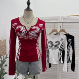 Real Shooting Sports Wind Crash Color Print Semi-Zip V-Neck Long-Sleeved T-Shirt With Thin Velvet Bottom Short Top 1363