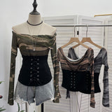 The Real Shot Of The Hottie Shoulder Mesh Hot Diamond To Receive The Belt Strap Horn Long Sleeve Top Short T-Shirt 2760