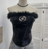 Real Shooting Millennium Babes Hair Splicing Pu Leather Belt Brae Waistcoat With Chest Cushions With Short Shirt 1351