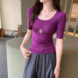 Lyselle Tiansi Giant Good-Looking Slim U-Necked Middle-Sleeved T-Shirt Girl 2025 Summer Thin Luxury High-End Feeling Small Blouse
