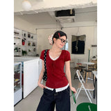 Design-Sensitive White Lace V-Neck Front Shoulder Short-Sleeved T-Shirt For Women's Summer New Slim Design With A Slim Unique Top