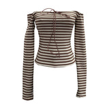 Real Shooting Design With A Word Shoulder Striped Strapped T-Shirt For Women's Spring Long-Sleeved And Shoulder-To-Shoulder Short-Sized Top 8026