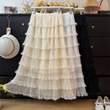 Gentle Wind And Wood Ear Side Hollow Net Yarn Splicing Half Skirt Women Summer High-Waist A Word Loose Multi-Level Cake Skirt